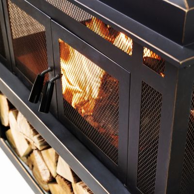 Image showing 8 th Deko Living 80 in. Rectangular Outdoor Steel Wood-Burning Fireplace with Log Storage Compartment and Side Tables