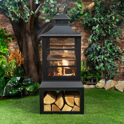 Deko Living 26 in. Square Outdoor Steel Wood-Burning Fireplace with Cooking Grill and Log Storage Compartment