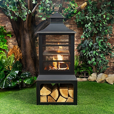 Deko Living Square Outdoor Steel Woodburning Fireplace with Cooking Grill & Log Storage Compartment