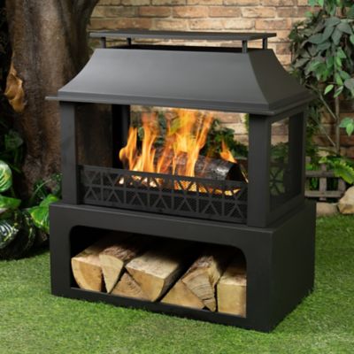 Deko Living 36 in. Rectangular Outdoor Steel Wood-Burning Fireplace with Log Storage Compartment