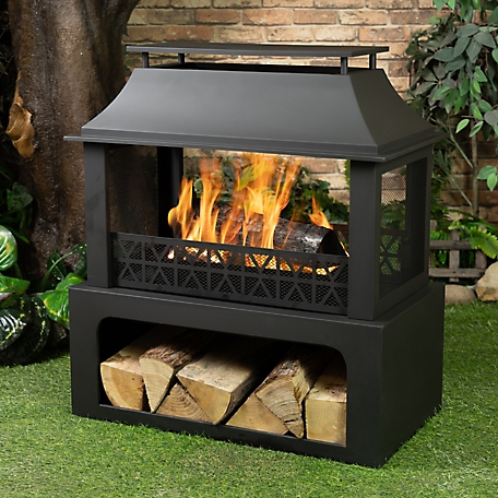 Deko Living Rectangular Outdoor Steel Woodburning Fireplace with Log Storage Compartment