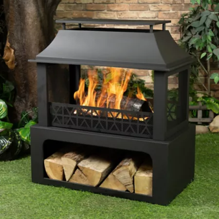 Deko Living 36" Rectangular Steel Outdoor Wood Fire Pit with Log Storage Compartment Fire Pits