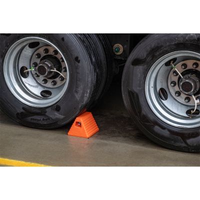 Image showing 6 th Buyers Products 10 x 8 x 6in. Orange Heavy-Duty Rubber Wheel Chock with Recessed Chain Eye