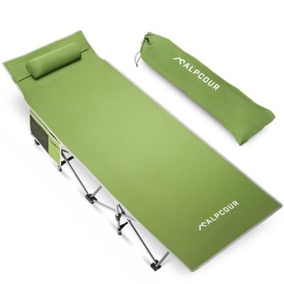 Alpcour Folding Camping Cot - Compact Single Person Bed with Pillow for Indoor & Outdoor Use, Large Army Green