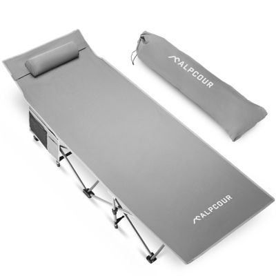 Alpcour Folding Camping Cot - Compact Single Person Bed with Pillow for Indoor & Outdoor Use, Large, Grey