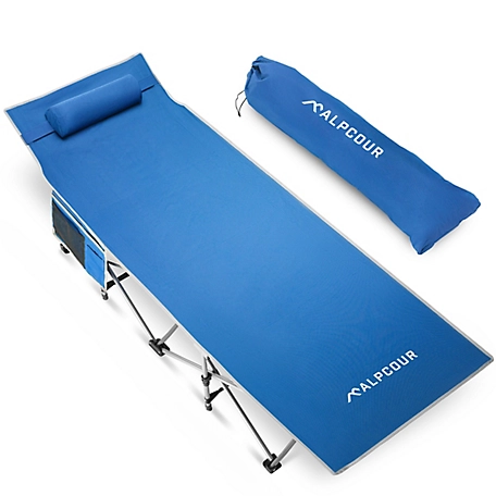 Alpcour Folding Camping Cot - Compact Single Person Bed with Pillow for Indoor & Outdoor Use, Large Royal Blue