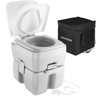 Alpcour Compact Portable Toilet Indoor & Outdoor Commode with Piston Pump Flush and Washing Sprayer