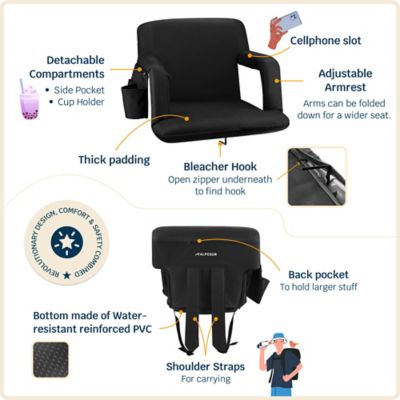 Image showing  Reclining Stadium Seat - Waterproof Chair with Extra Thick Padding Wide Back Support Bleacher Hook and Multiple Pockets