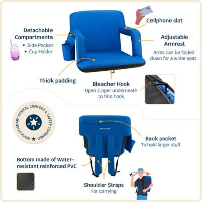 Image showing  Reclining Stadium Seat - Waterproof Chair with Extra Thick Padding Wide Back Support Bleacher Hook and Multiple Pockets