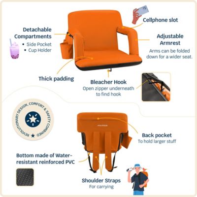 Image showing  Reclining Stadium Seat - Waterproof Chair with Extra Thick Padding Wide Back Support Bleacher Hook and Multiple Pockets