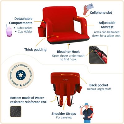 Image showing  Reclining Stadium Seat - Waterproof Chair with Extra Thick Padding Wide Back Support Bleacher Hook and Multiple Pockets