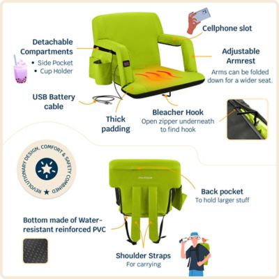 Image showing  Reclining Waterproof Heated Stadium Seat with Extra Padding, Wide Back Support, Bleacher Hook and Multiple Pockets
