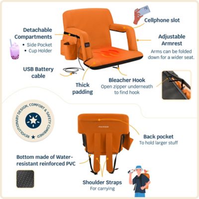 Image showing  Reclining Waterproof Heated Stadium Seat with Extra Padding, Wide Back Support, Bleacher Hook and Multiple Pockets