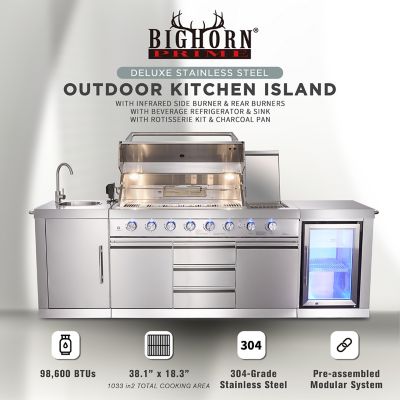 BIG HORN 6+2 Burners Deluxe Stainless Steel Island Barbecue Grill, Side Burner, Refrigerator, Sink, Rotisserie Kit, 100,200 BTU