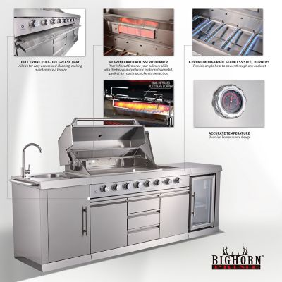 Image showing  6+2 Burners Deluxe Stainless Steel Island Barbecue Grill, Side Burner, Refrigerator, Sink, Rotisserie Kit, 100,200 BTU