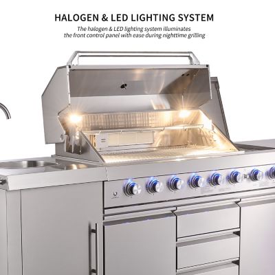 Image showing  6+2 Burners Deluxe Stainless Steel Island Barbecue Grill, Side Burner, Refrigerator, Sink, Rotisserie Kit, 100,200 BTU