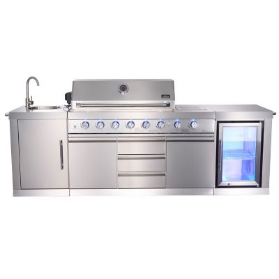 Image showing  6+2 Burners Deluxe Stainless Steel Island Barbecue Grill, Side Burner, Refrigerator, Sink, Rotisserie Kit, 100,200 BTU