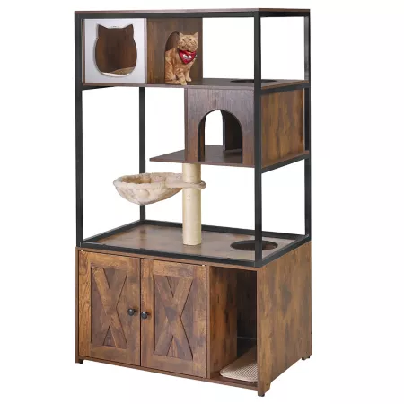 Aivituvin AIR102 3-Tier Wooden Cat Condo with Litter Box Solid Iron Frame Cat Trees & Condos