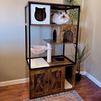 Image showing  AIR102 Wooden 3-Story Cat Condo with Litter Box Enclosure, Strong Iron Frame