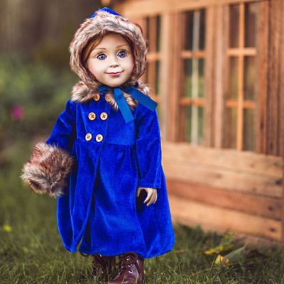 Image showing  Blue Velvet Fur Trimmed Coat, Hat, and Muff for 18 in. Dolls