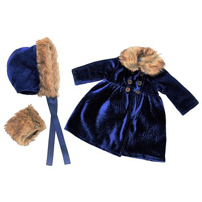 Image showing  Blue Velvet Fur Trimmed Coat, Hat, and Muff for 18 in. Dolls