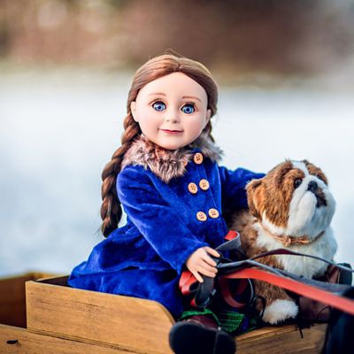 Image showing  Blue Velvet Fur Trimmed Coat, Hat, and Muff for 18 in. Dolls