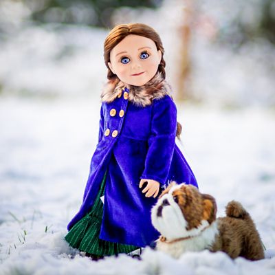 Image showing  Blue Velvet Fur Trimmed Coat, Hat, and Muff for 18 in. Dolls