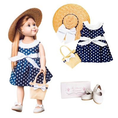 The Queen's Treasures Blue Polka Dot Dress with White Bow Shoes for 18 in. Dolls