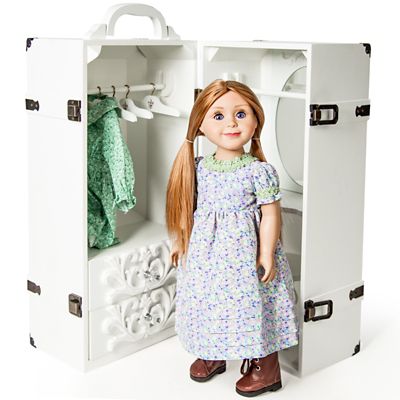 The Queen's Treasures White Wooden Doll Trunk Includes Vanity, Stool and 4 Hangers for 18 in. Dolls
