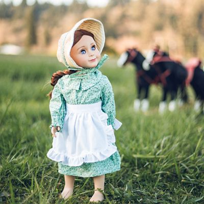 Image showing 9 th The Queen's Treasures Little House on the Prairie 3 pc. Green Calico Prairie Dress for 18 in. Dolls