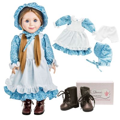 The Queen's Treasures Little House on the Prairie Blue Calico Dress with Brown Lace up Boots for 18 in. Dolls