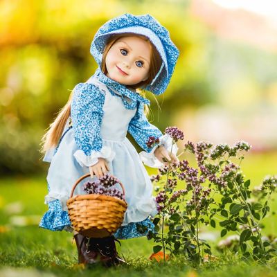 Image showing  Little House on the Prairie Blue Calico Dress with Brown Lace up Boots for 18 in. Dolls