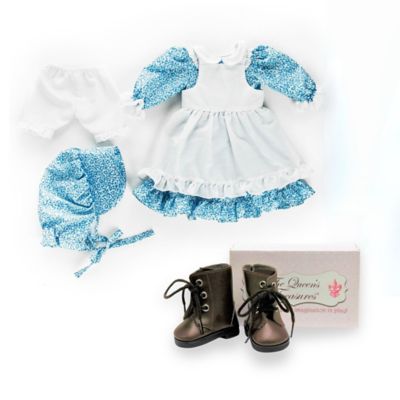 Image showing  Little House on the Prairie Blue Calico Dress with Brown Lace up Boots for 18 in. Dolls