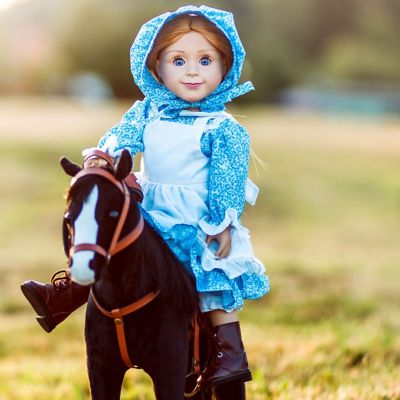 Image showing  Little House on the Prairie Blue Calico Dress with Brown Lace up Boots for 18 in. Dolls