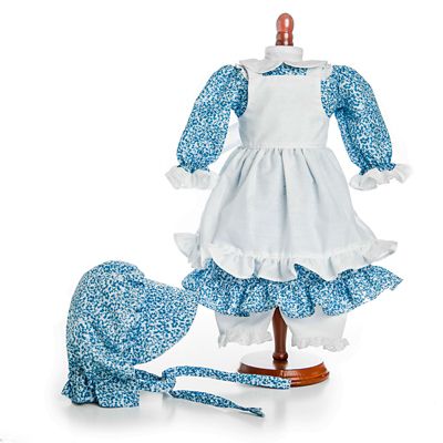 Image showing  Little House on the Prairie Blue Calico Dress with Brown Lace up Boots for 18 in. Dolls