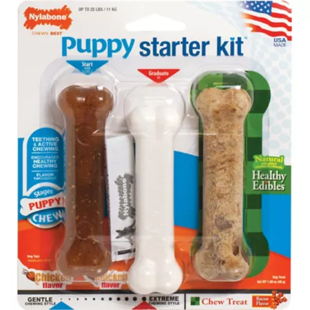 Nylabone Puppy Starter Kit with Puppy Chew Bone Edible Bacon and Powerful Chicken Chew Dog Chew Toys