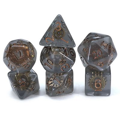 Gate Keeper Games Inclusion Dice Steampunk Smoke Grey Bronze Gears 7 pc. Dice Set