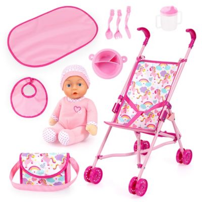 Bayer Design Buggy Umbrella Stroller Doll Set - Pink Unicorn, Rainbows, Kids Ages 3+