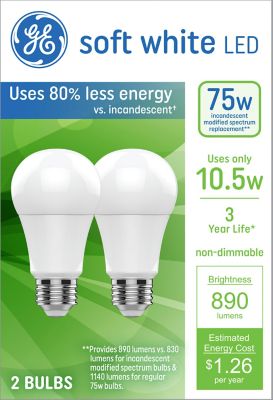 GE SW 75W LED 3yr A19 Bulb, 2 pk.