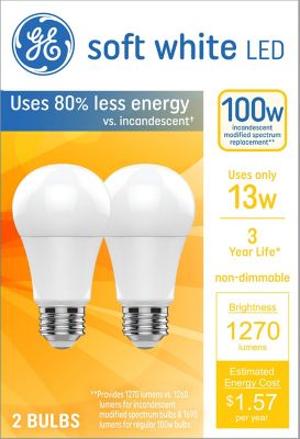 GE SW 100W LED 3yr A19 Bulb, 2 pk.