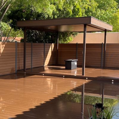 Image showing  6 ft. x 6 ft. WPC Composite Fence Panel with Pronged Holders and Post Kits, Complete Kit, Mocha, 2-Pack