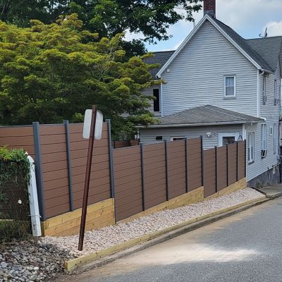 Image showing 7 th LH EP 6 x 6ft. WPC Composite Fence Panel with Bottom Squared Holders and Post Kits, Complete Kit, Mocha, 5 pk.