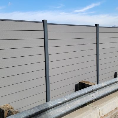 Image showing  Complete Kit 6 ft. x 6 ft. Gray WPC Composite Fence Panel with Bottom Squared Holders and Post Kits, 1 set