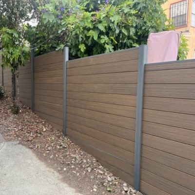Image showing  Complete Kit 6 x 6ft. Wood Grain Brown WPC Composite Fence Panel with Bottom Squared Holders & Post Kits, 1 pk.
