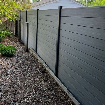 Image showing  Complete Kit 6 ft. x 6 ft. Wood Grain Castle Gray WPC Composite Fence Panel with Pronged Holders & Post Kits, 5 set