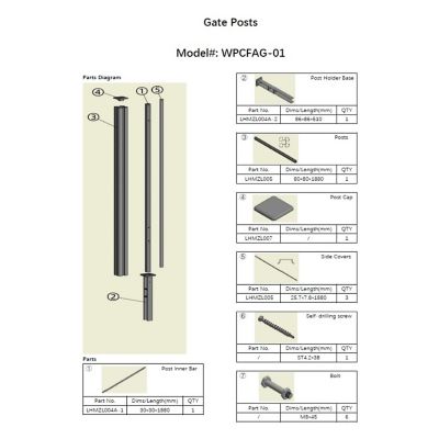Image showing  3 in. x 3 in. x 6 ft. Gray Aluminum Alloy Inner Metal Fence Gate Post Kit for EP 44 in. x 62 in. Fence Gate Series