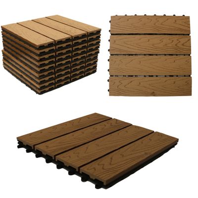 Image showing  WPC Composite Interlocking Flooring Deck Tiles with Parallel Design, 12 in. x 12 in., California Oak, 11-Pack