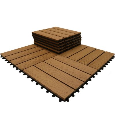 Image showing  WPC Composite Interlocking Flooring Deck Tiles with Parallel Design, 12 in. x 12 in., California Oak, 11-Pack