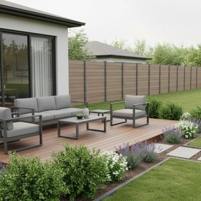 Image showing 6 th LH EP 6 x 6ft. 3D Embossed Wood Grain Brown WPC Composite Fence Panel with Bottom Squared Holders Post Kits, 10 pk.