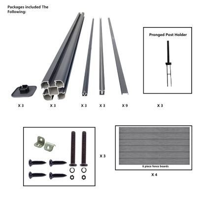 Image showing  Complete Kit 6 ft. x 6 ft. 3D Embossed Wood Grain Gray WPC Composite Fence Panel & Pronged Holders and Post Kits, 2 set